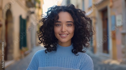 Radiant young woman with curly hair in a blue sweater on a sunny street.