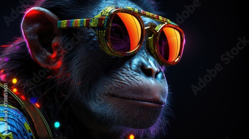 Chimpanzee in sunglasses close-up. Portrait of a chimpanzee. Anthopomorphic creature. Fictional character for advertising and marketing. Humorous character for graphic design.