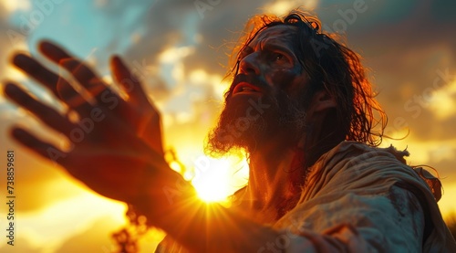 jesus is standing with his hand fully outstretched with the sun reflected behind the sky