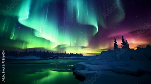 Northern Lights, Aurora Borealis, Snowy Mountains at Night