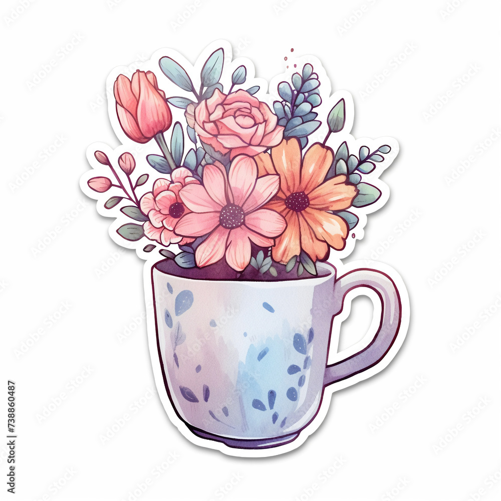 Charming kawaii-style watercolor sticker featuring a mug brimming with vibrant, blooming flowers, ideal for stationery and decoration themes