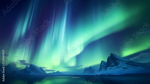 Northern Lights, Aurora Borealis, Snowy Mountains at Night © ma