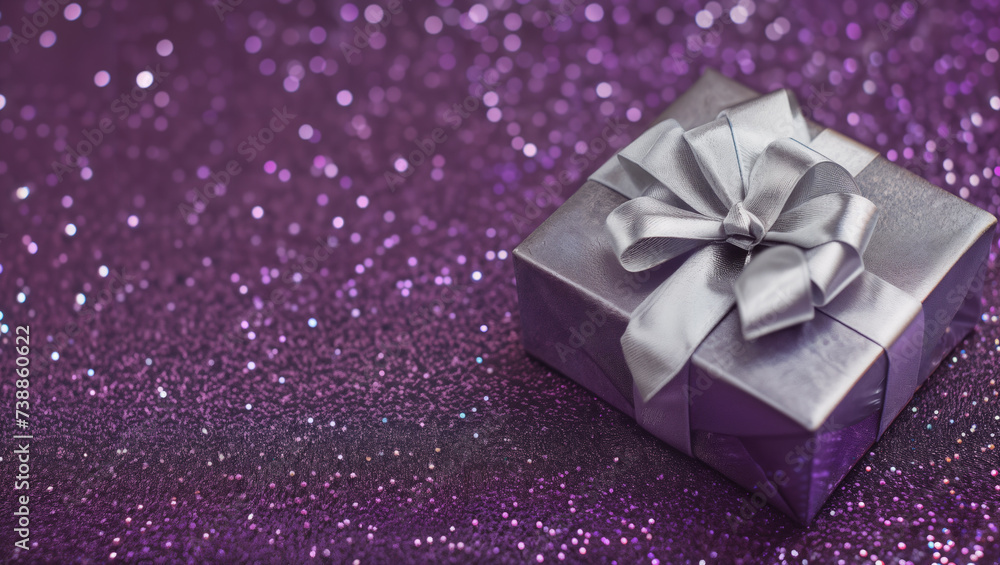 silver gift box with a silver ribbon on a purple background with light reflections and glitter silver gift box with a silver ribbon on a purple background with light reflections and glitter