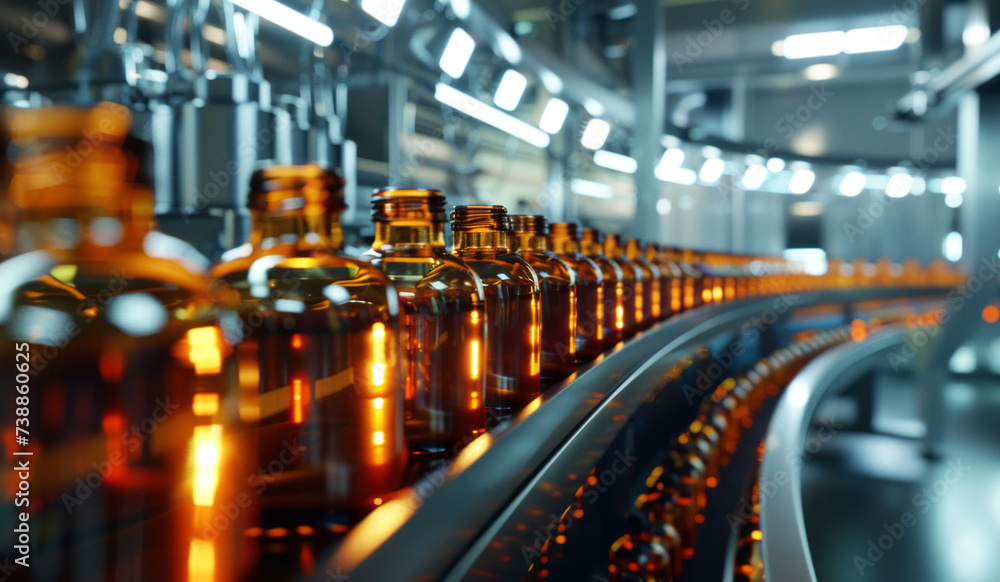 Glass bottles on automated conveyor line. 