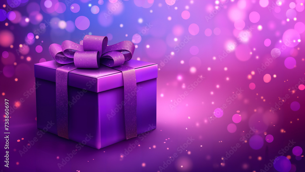 Purple gift box with a purple ribbon on a purple background with light reflections and glitter Purple gift box with a purple ribbon on a purple background with light reflections and glitter