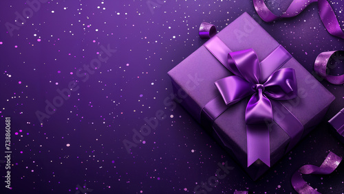 Purple gift box with a purple ribbon on a purple background with light reflections and glitter