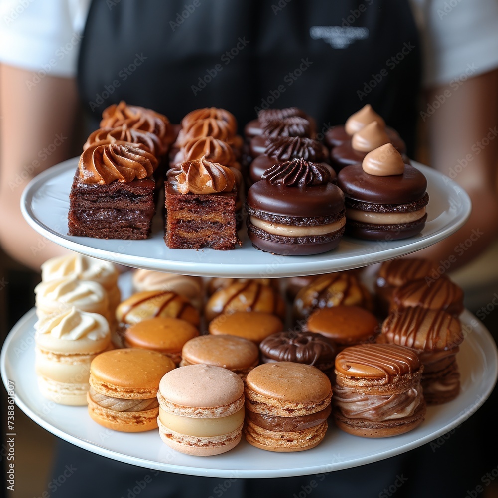 A beautifully plated assortment of macarons and petit fours on a tiered stand, showcasing the elegance and variety of bite-sized desserts A beautifully plated assortment of macarons and petit fours on a tiered stand, showcasing the elegance and variety of bite-sized desserts