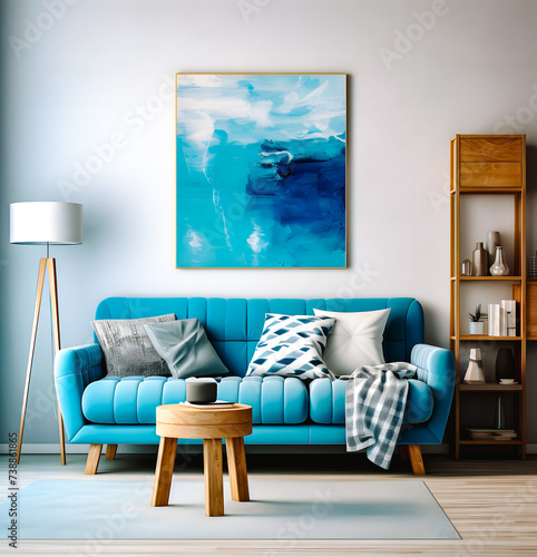 Salon avec canapé et table basse dans les tons bleus © Concept Photo Studio