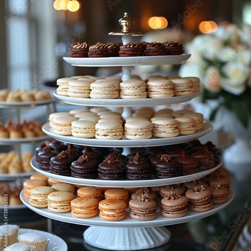 A beautifully plated assortment of macarons and petit fours on a tiered stand, showcasing the elegance and variety of bite-sized desserts 