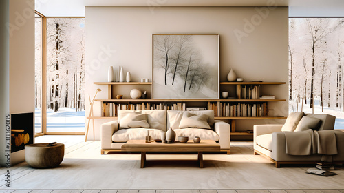 Living room confortable, spacieux et lumineux, avec décoration moderne photo