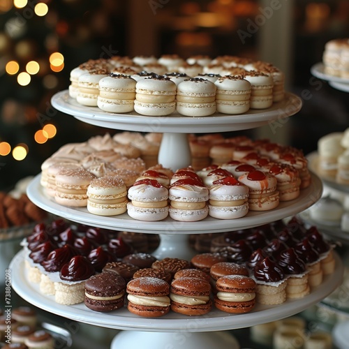 A beautifully plated assortment of macarons and petit fours on a tiered stand, showcasing the elegance and variety of bite-sized desserts 