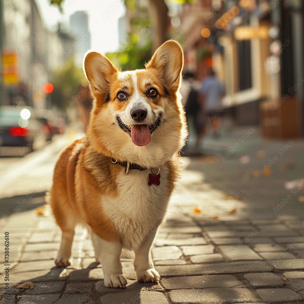Sophisticated City Strut: A Fashionable Pembroke Welsh Corgi Taking on Urban Adventures, Merging Timeless Charm with a Modern Cityscape Background Sophisticated City Strut: A Fashionable Pembroke Welsh Corgi Taking on Urban Adventures, Merging Timeless Charm with a Modern Cityscape Background