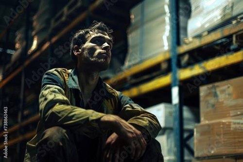 Depressed Man Working in Warehouse: Warehouse Worker Concept