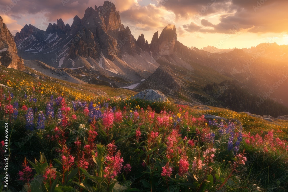 Giau Pass at Sunset: Mountain Landscape with Foreground Flowers, Dolomites, Italy