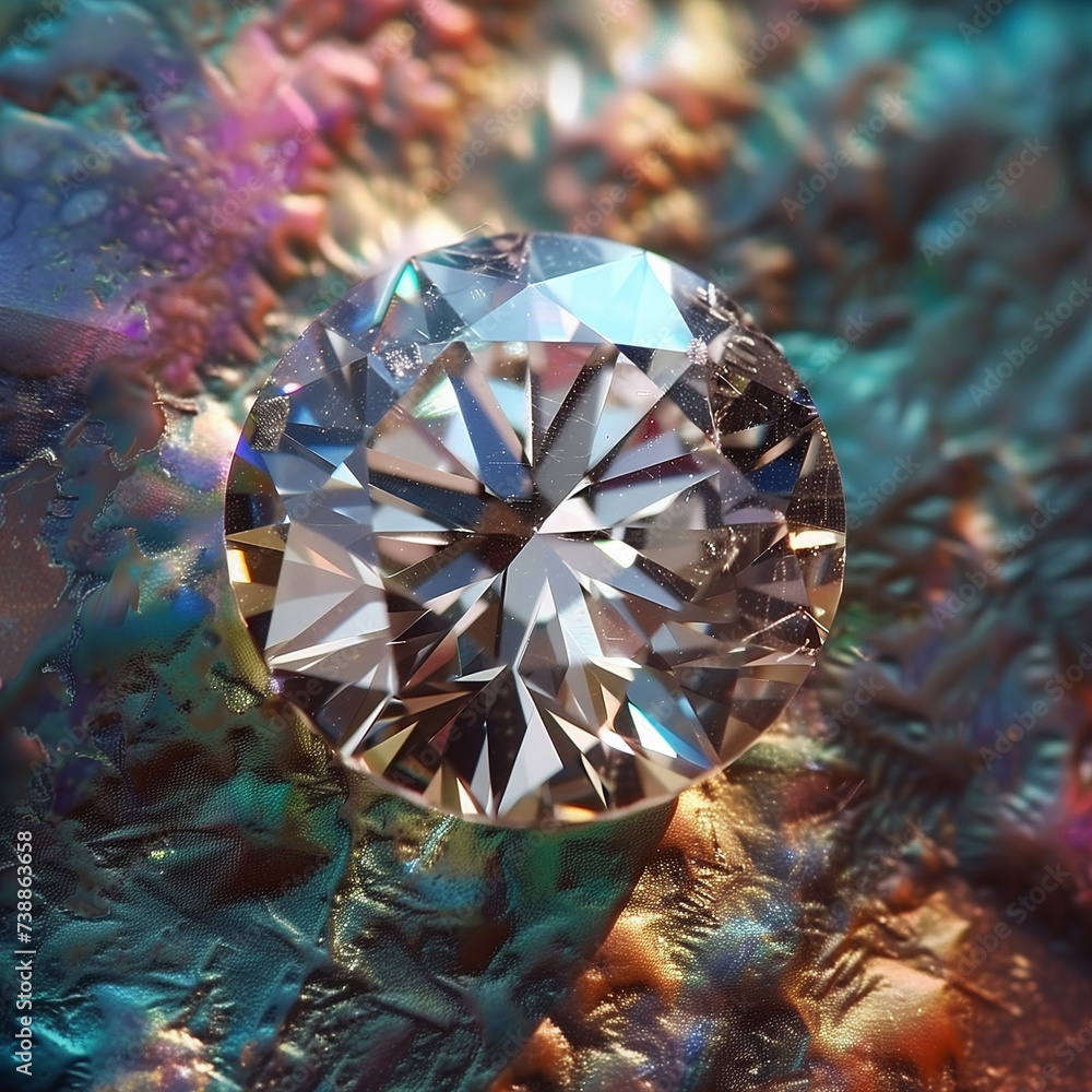 diamant, avec une taille ronde brillante avec la réfraction de la lumière autour du diamant donnant de multiples reflets colorés diamant, avec une taille ronde brillante avec la réfraction de la lumière autour du diamant donnant de multiples reflets colorés