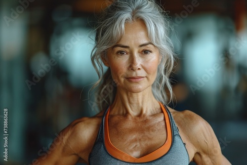 Confident and focused, a strong and healthy senior Chinese woman is a fitness model and instructor.