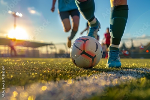 Soccer Player's Legs on Pitch: Close-Up with Ball in Background