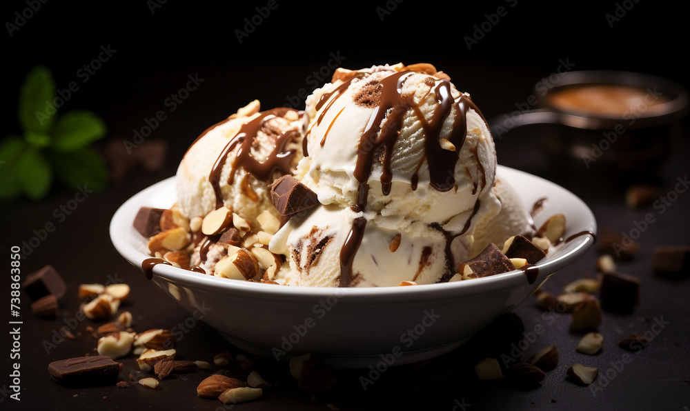 Vanilla ice cream with chocolate and nuts on a dark background. Vanilla ice cream with chocolate and nuts on a dark background.