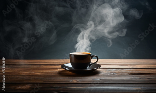 Cup of coffee on a wooden table with smoke on the background