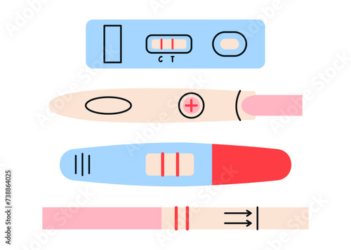 Positive pregnancy test results set isolated on white background. Two strips on test.