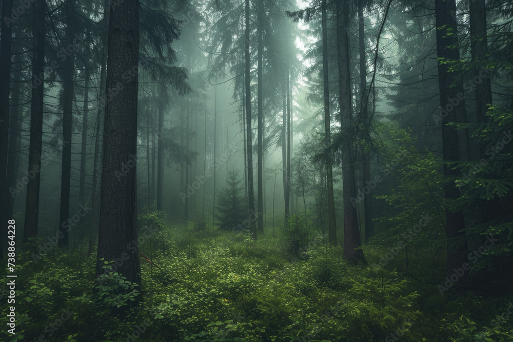 forest with a misty fog and tall trees