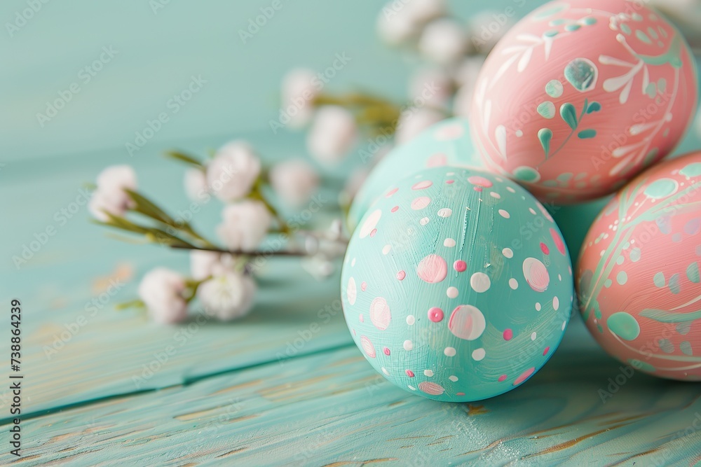Obraz premium Beautiful painted Easter eggs on a pastel turquoise background. Modern Easter eggs are painted with natural mint, turquoise, pink dye.