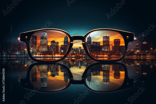 night city view reflected in sunglasses lens