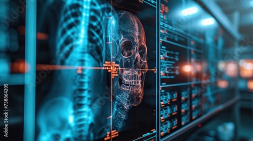 A cutting-edge medical imaging display showing 3D skeletal scans, including a detailed skull, used for advanced diagnostic purposes in a clinical setting. photo