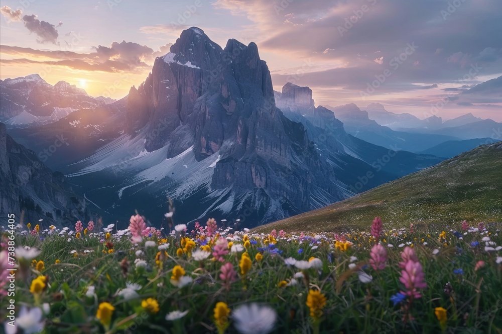 Giau Pass at Sunset: Mountain Landscape with Foreground Flowers, Dolomites, Italy