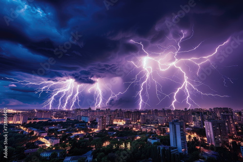 lightning storm over a city skyline, with bolts of lightning striking buildings.