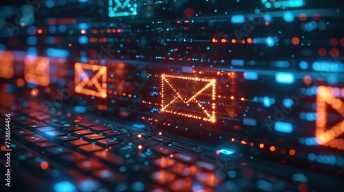 An email envelope icon illuminated on a digital interface above a backlit keyboard, depicting modern digital communication.