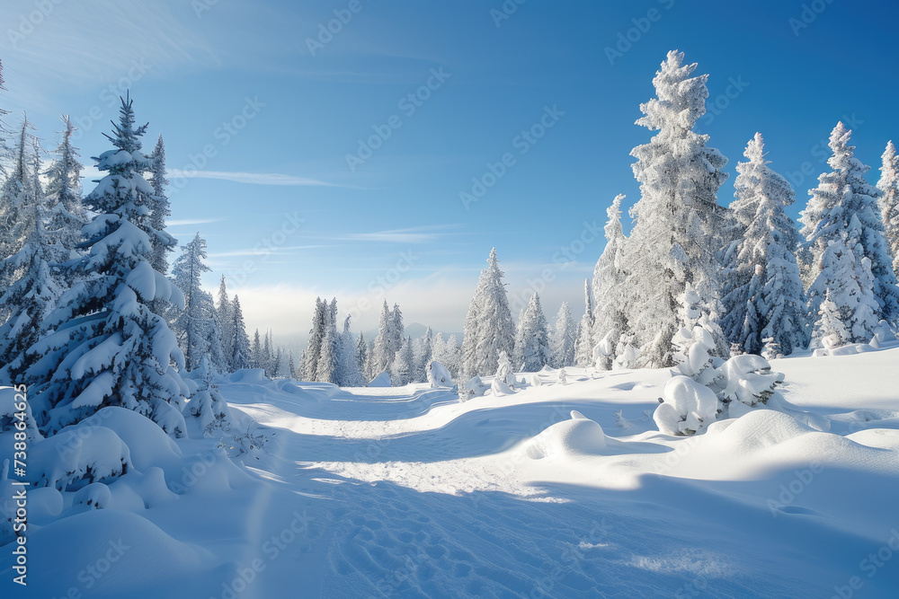 snow-covered landscape with evergreen trees and a clear blue sky