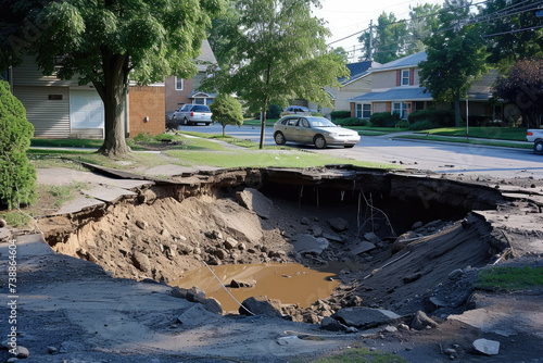 sinkhole opening up in a suburban neighborhood.