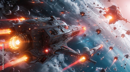 A dynamic and detailed illustration of an epic space battle with futuristic starships engaging in combat amongst asteroids.