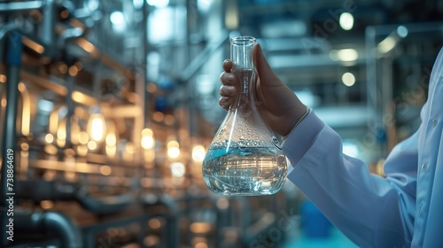 A scientist in a lab coat scrutinizes a clear liquid within a conical flask, set against an industrial laboratory background.