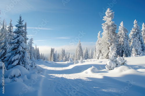 snow-covered landscape with evergreen trees and a clear blue sky