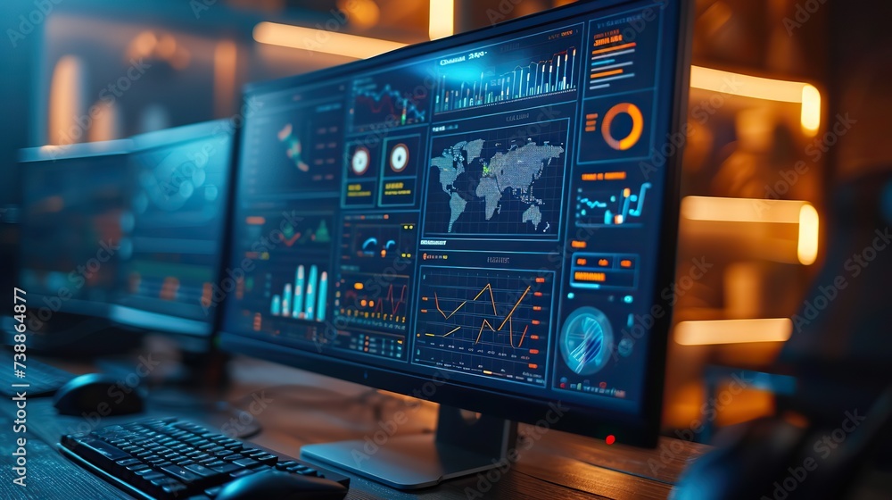 Multiple computer monitors in a control room displaying advanced data analysis dashboards with global connectivity maps and metrics. Multiple computer monitors in a control room displaying advanced data analysis dashboards with global connectivity maps and metrics.