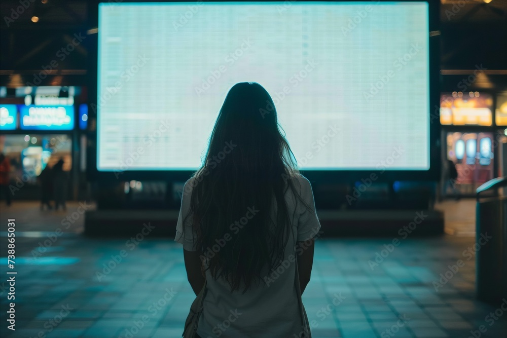 Woman in Front of Large Screen with Space for Text or Graphics Woman in Front of Large Screen with Space for Text or Graphics