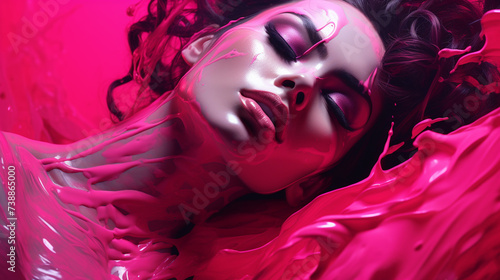 Beauty woman face painted in pink color paint