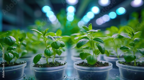 An array of young basil plants flourishing under artificial grow lights, in a controlled laboratory setting for agricultural research.