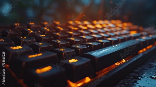 Close-up of a mechanical keyboard with orange backlighting and water droplets, suggesting a moody, atmospheric setting. photo