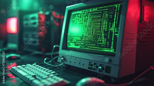 Futuristic cybersecurity setup with a monitor displaying glowing green code and server racks with red lighting in the background.