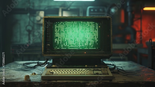 An atmospheric shot of a vintage computer terminal displaying matrix-style green code in an industrial setting with warm backlighting.