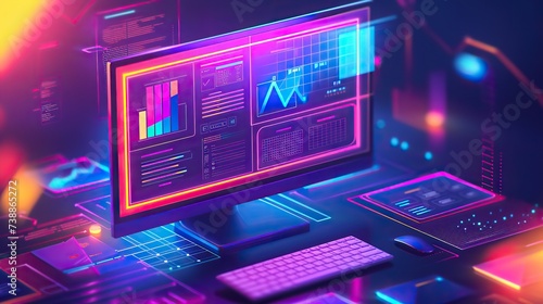 A vibrant and futuristic workstation setup with a multi-screen display showing advanced data analytics and colorful neon lights.