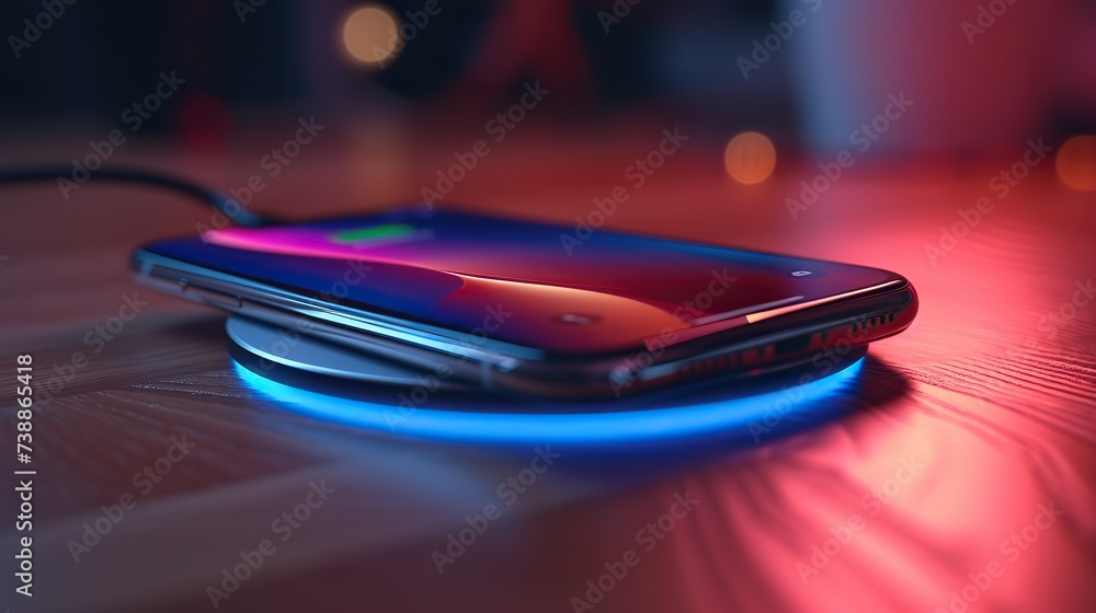 A smartphone is placed on a wireless charging dock, illuminated by a vibrant blue LED light, on a wooden table. A smartphone is placed on a wireless charging dock, illuminated by a vibrant blue LED light, on a wooden table.