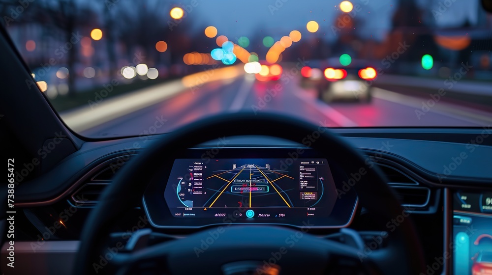 Driver's perspective of an advanced car dashboard display with navigation and system status on an evening city drive with bokeh lights.