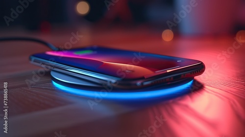 A smartphone is placed on a wireless charging dock, illuminated by a vibrant blue LED light, on a wooden table.