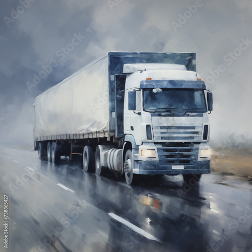 Truck on the road on overcast day in watercolor style, AI generated