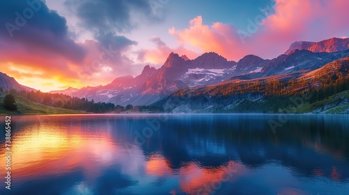 Breathtaking sunset over a serene mountain lake with vibrant sky reflections and majestic peaks in the background.