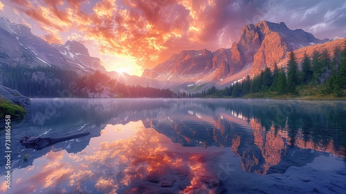 Sunrise illuminates the sky with fiery colors, reflecting on the tranquil waters of an alpine lake surrounded by rugged mountains.